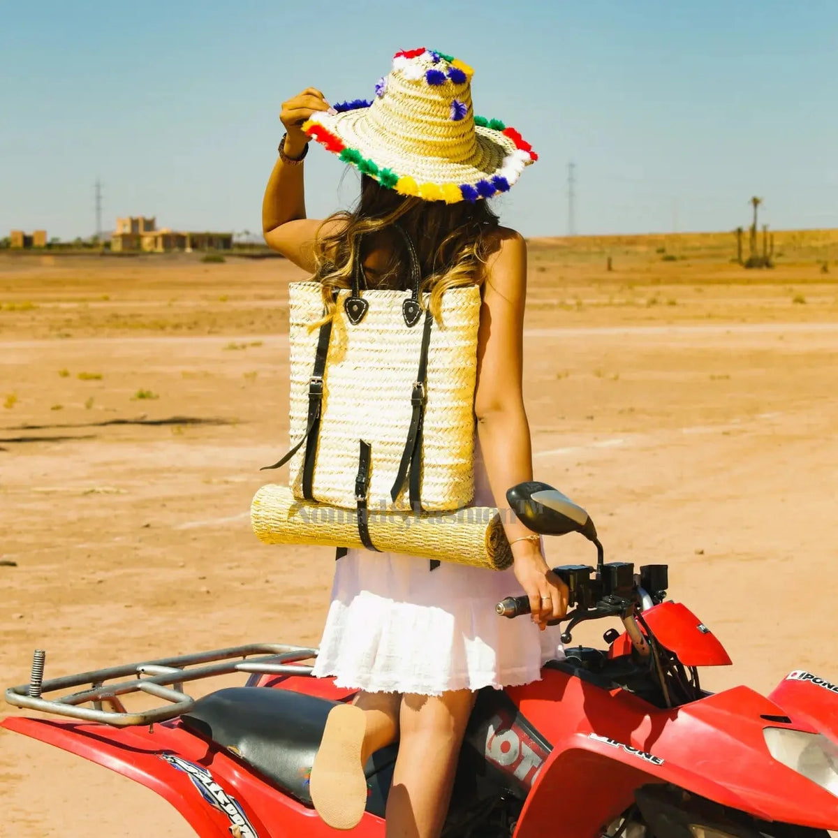 Leather Straw Backpack with picnic mat Boho Design