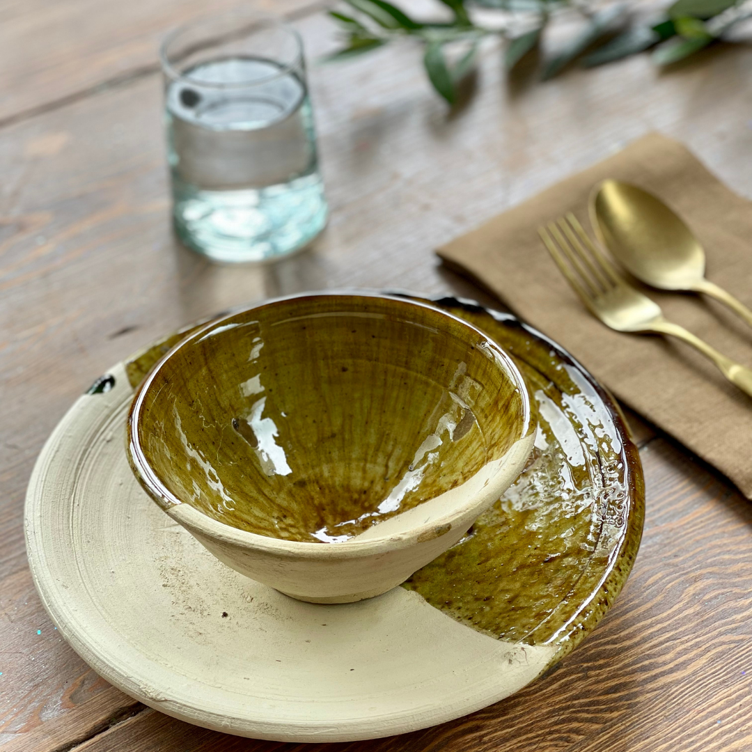 Set of 2 Tamegroute Ochre Half glazed Bowl Medium