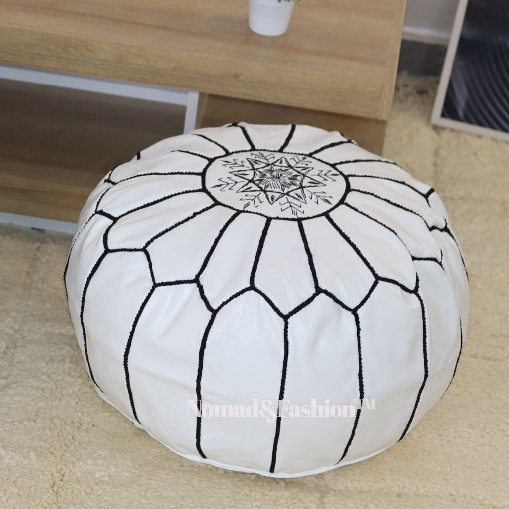 Moroccan pouf leather unstuffed black &amp; white