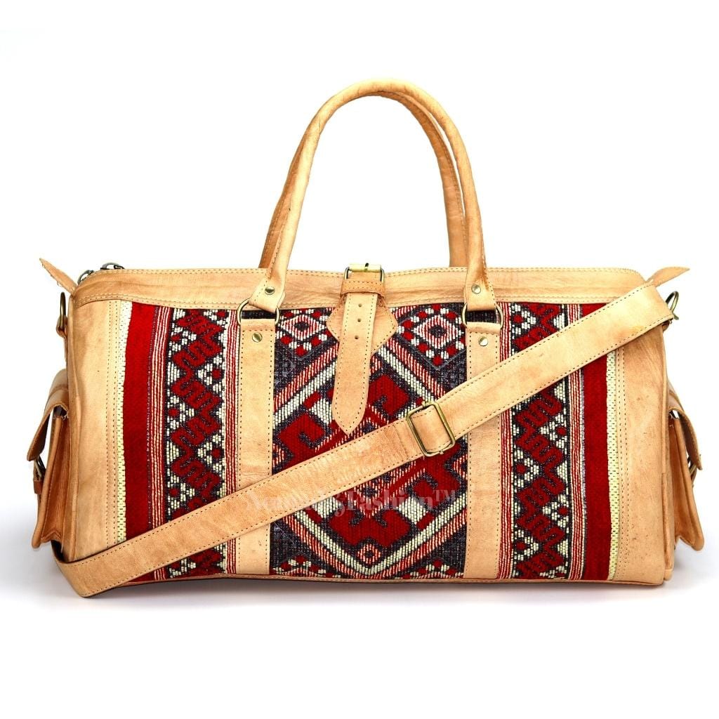 Genuine Leather Duffle Kilim Bag Large Carry On Travel Weekender Overnight Bag Natural