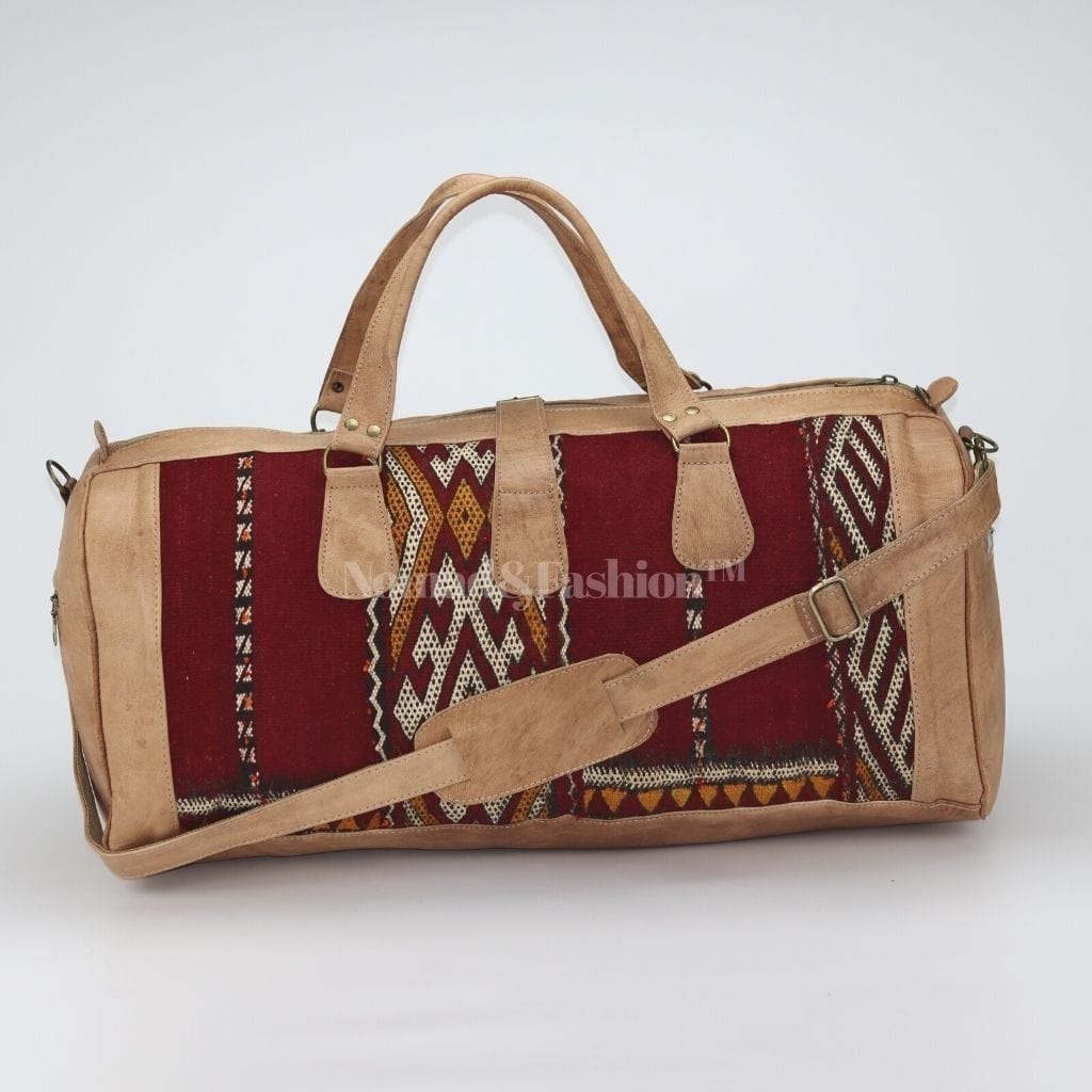 Travel adventure bag Leather with kilim travel Shoulder Duffle Bag weekender Handbag Tribal Bohemian Style color Natural