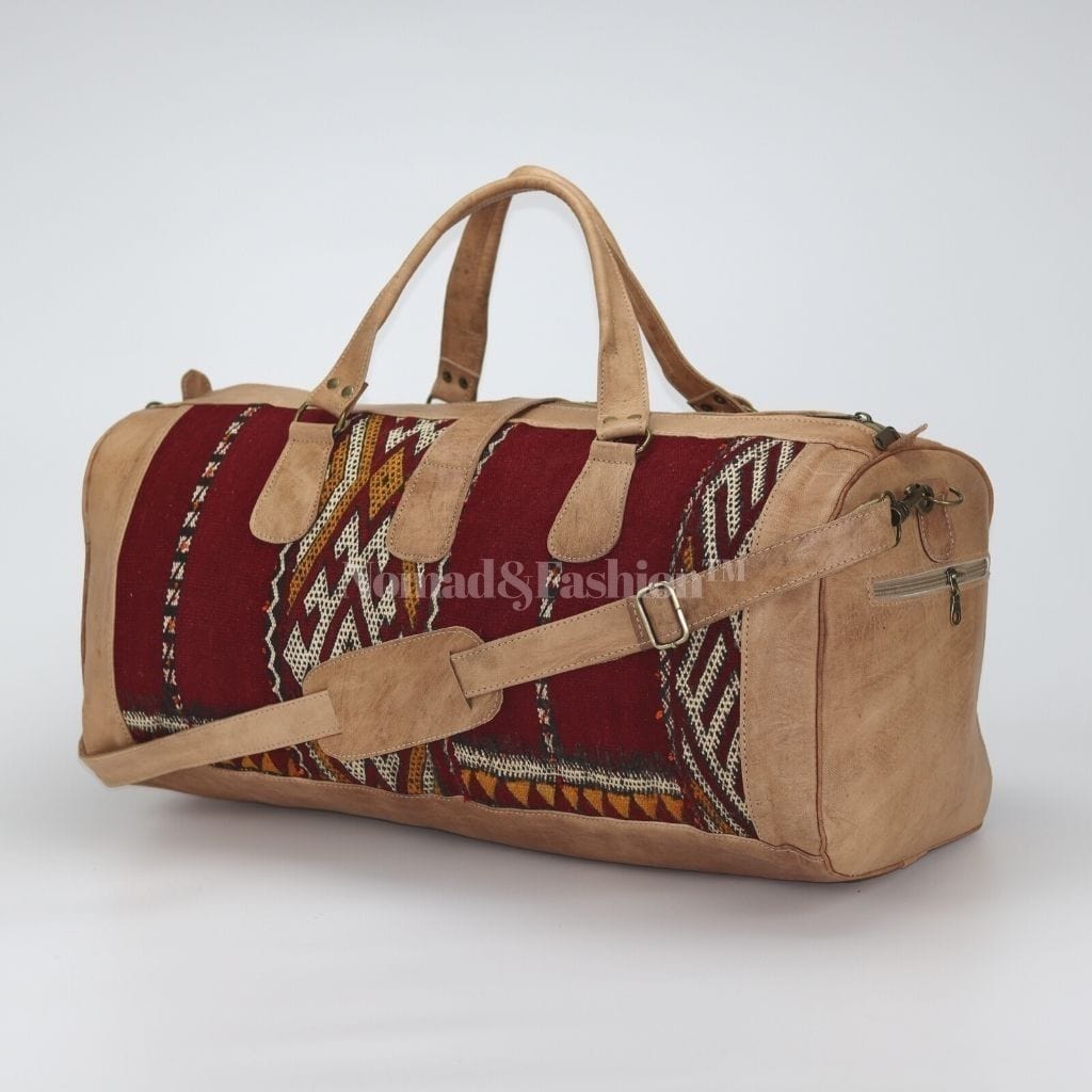 Travel adventure bag Leather with kilim travel Shoulder Duffle Bag weekender Handbag Tribal Bohemian Style color Natural