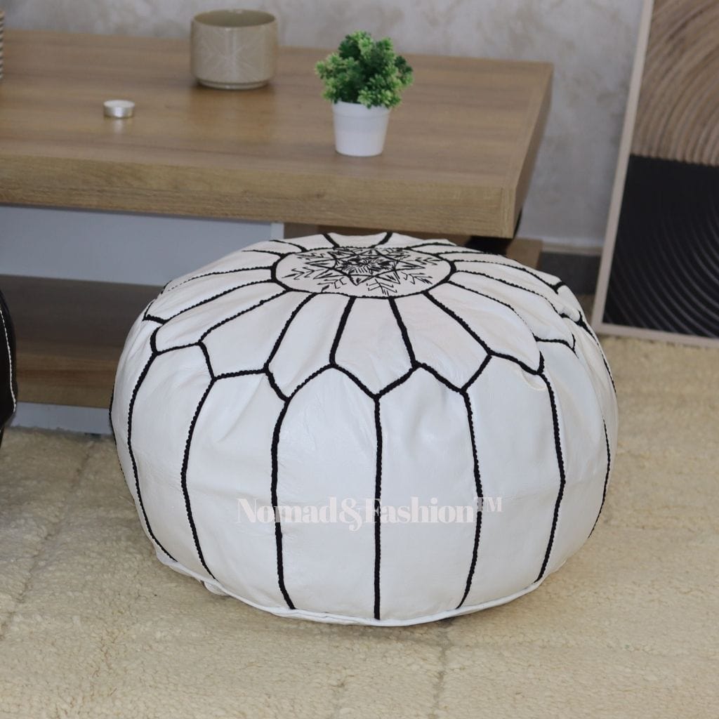 Moroccan pouf leather unstuffed black &amp; white