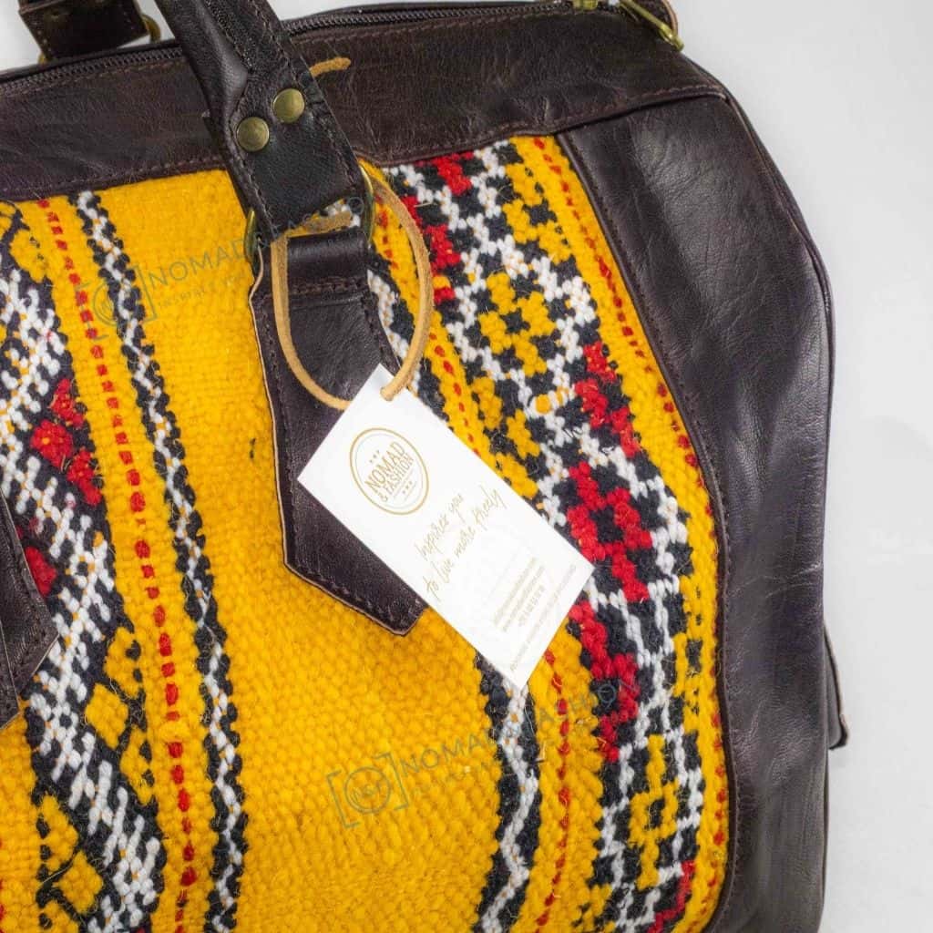 Moroccan Leather with Yellow kilim travel Shoulder Duffle Bag Handbag Tribal Bohemian