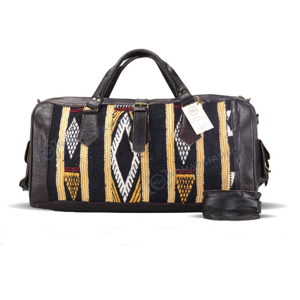 Moroccan Leather with Black &amp; Yellow kilim travel Shoulder Duffle Bag Handbag Tribal Bohemian