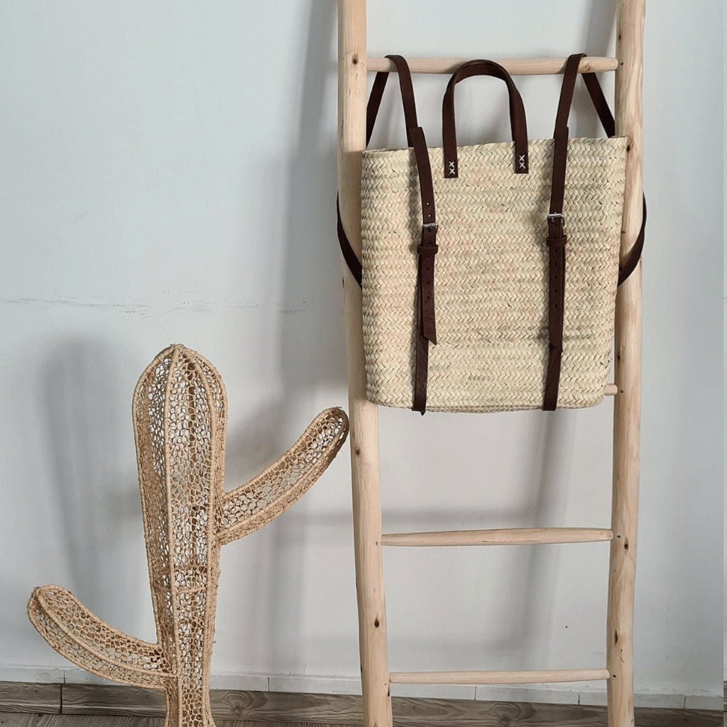 Handwoven Straw Backpack with genuine leather straps