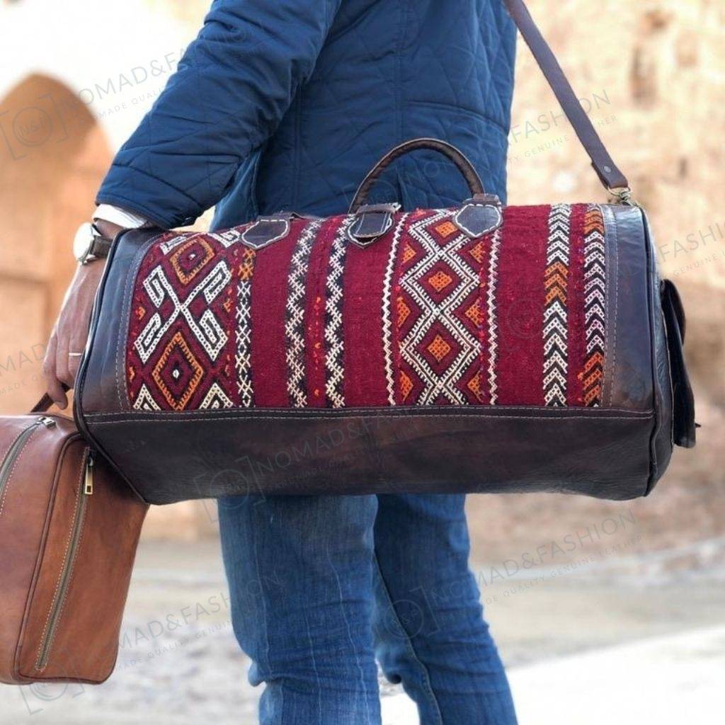 Leather Kilim Travel Bag Brown carry on duffel bag+Free Shipping