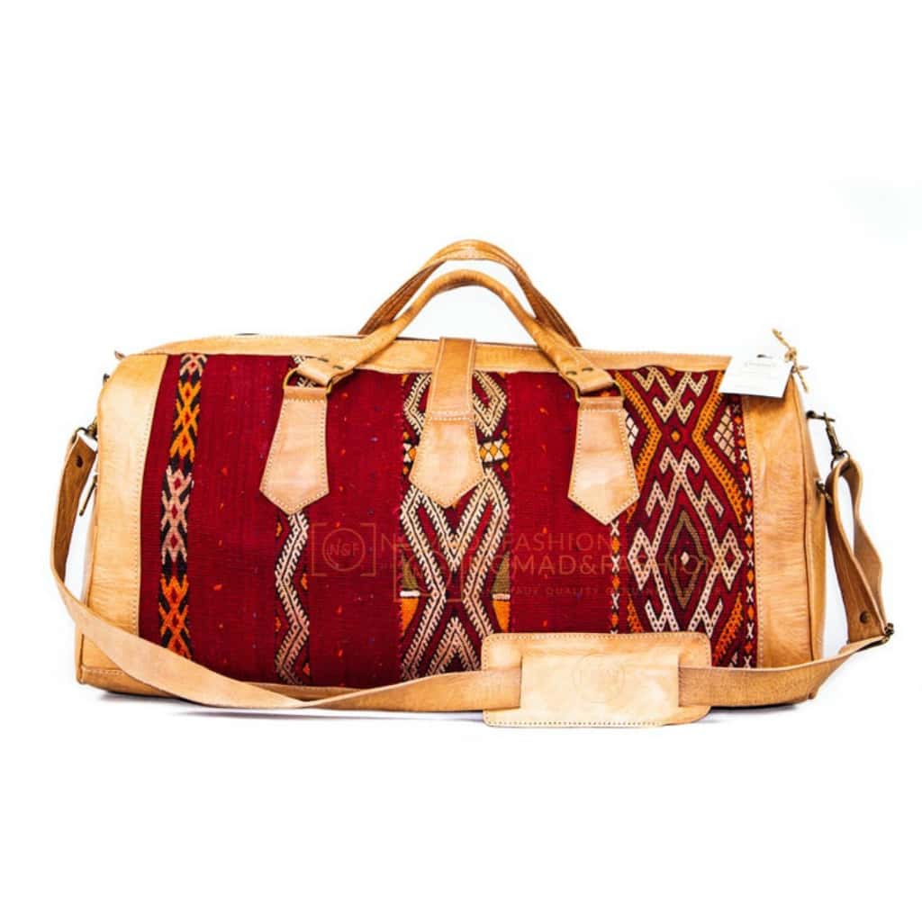 Travel adventure bag Leather with kilim travel Shoulder Duffle Bag weekender Handbag Tribal Bohemian Style color Natural