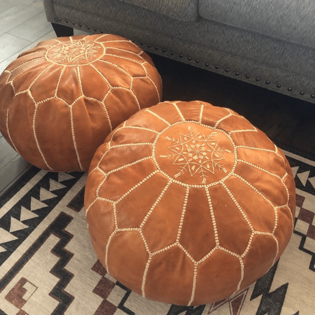 Set of 2 Handmade Leather Moroccan Pouf Ottoman Round Sofa.