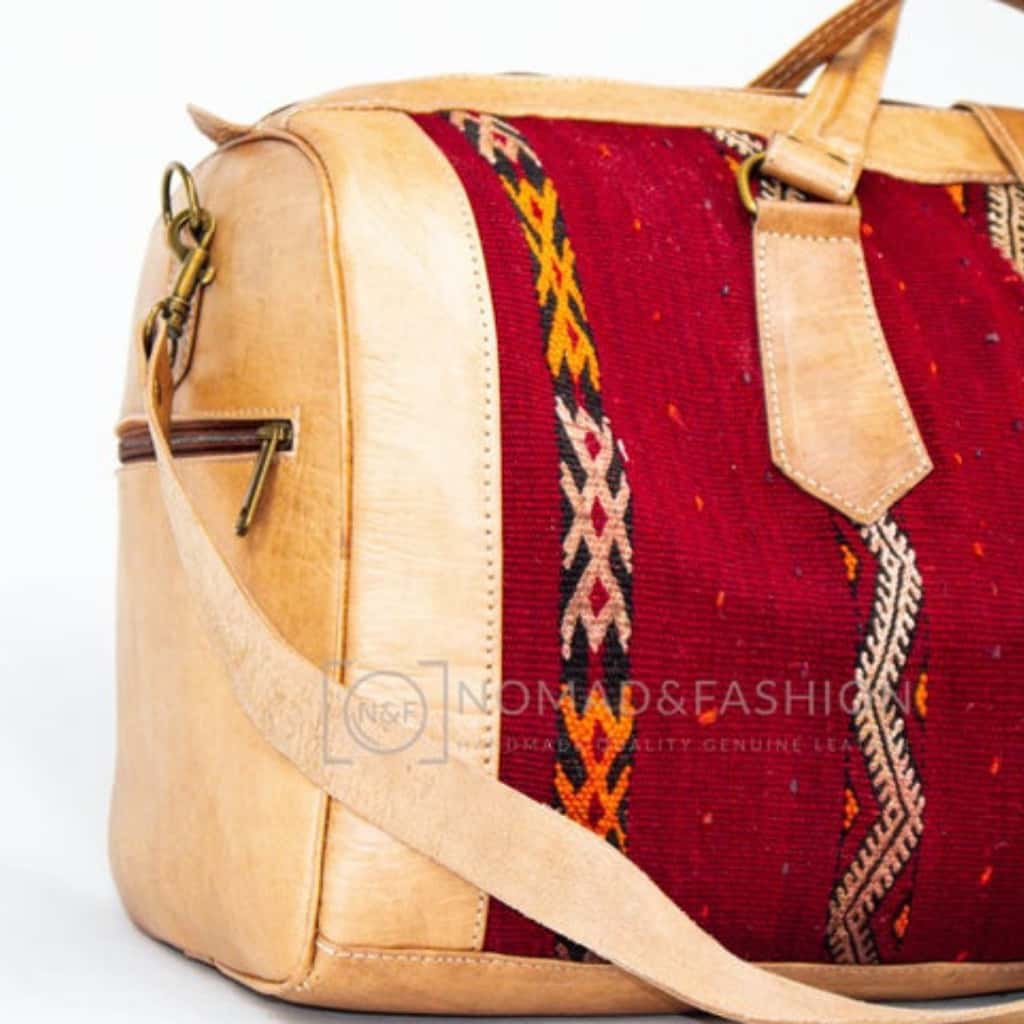 Travel adventure bag Leather with kilim travel Shoulder Duffle Bag weekender Handbag Tribal Bohemian Style color Natural