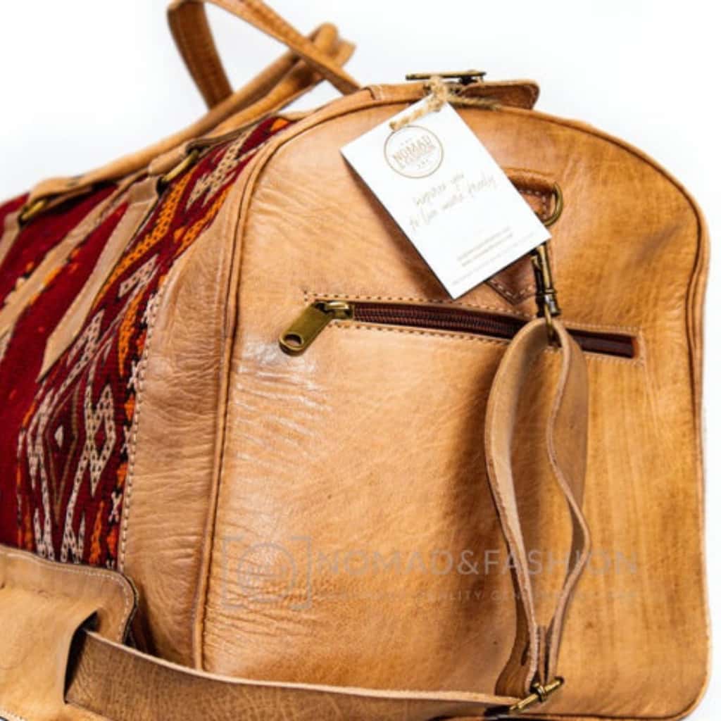 Travel adventure bag Leather with kilim travel Shoulder Duffle Bag weekender Handbag Tribal Bohemian Style color Natural