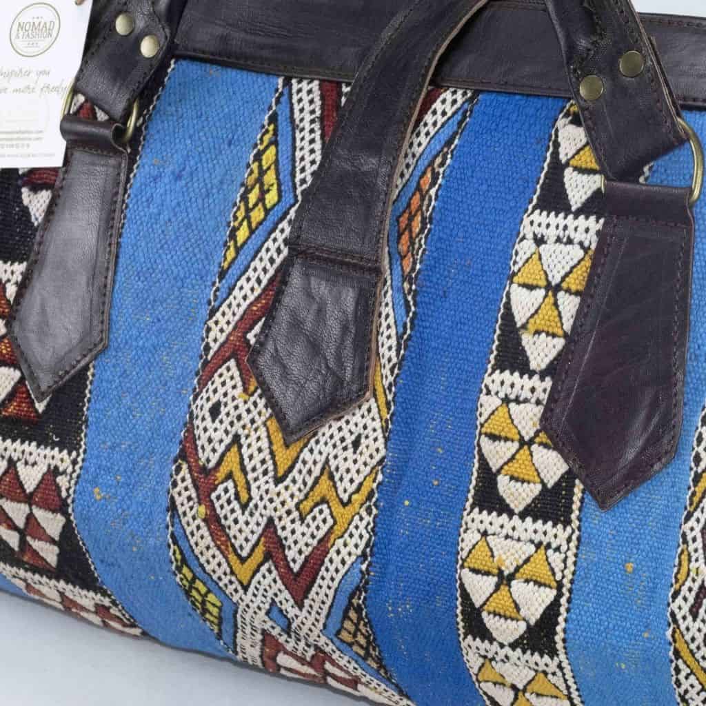 Moroccan Leather with Blue kilim travel Shoulder Duffle Bag Handbag Tribal Bohemian