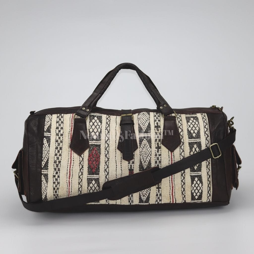 Moroccan Leather with Black &amp; White kilim travel Shoulder Duffle Bag Handbag Tribal Bohemian