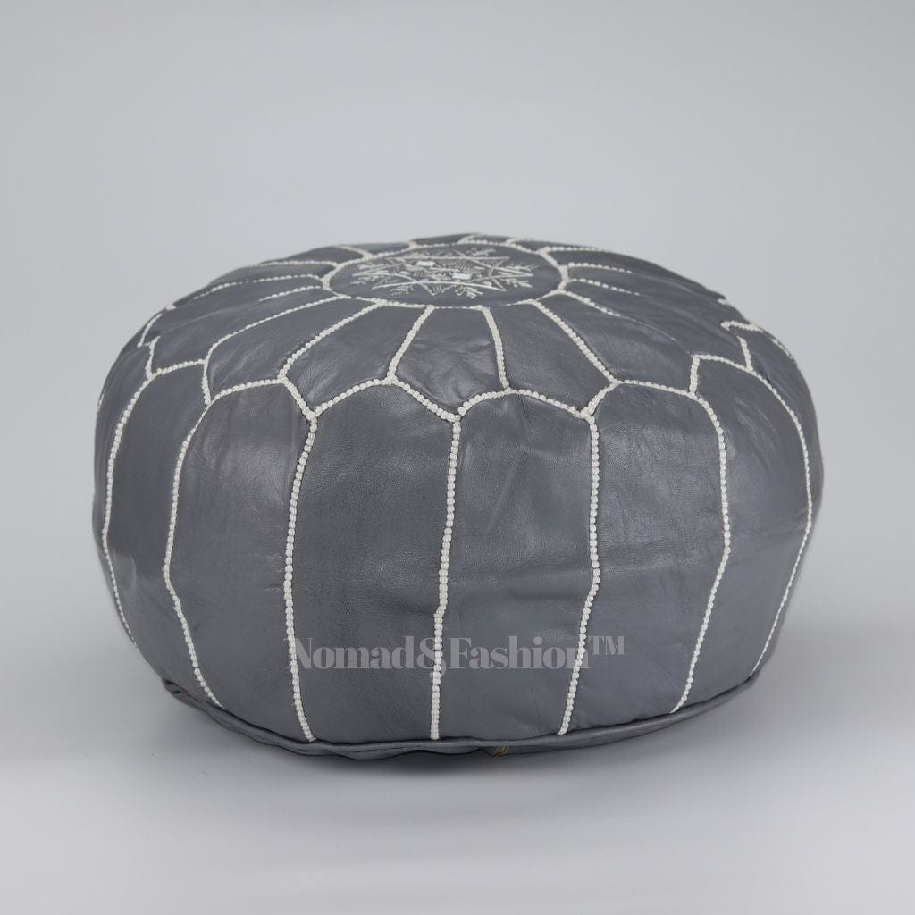 Handmade Leather Moroccan Pouf Ottoman Round Color Gray Stitched Colored