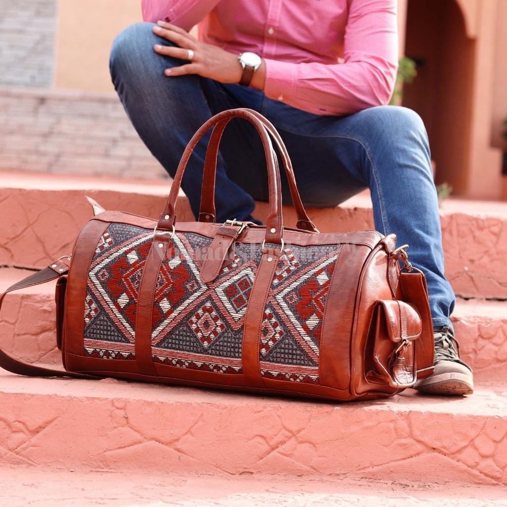 Genuine Leather Duffle Kilim Bag Large Carry On Travel Weekender