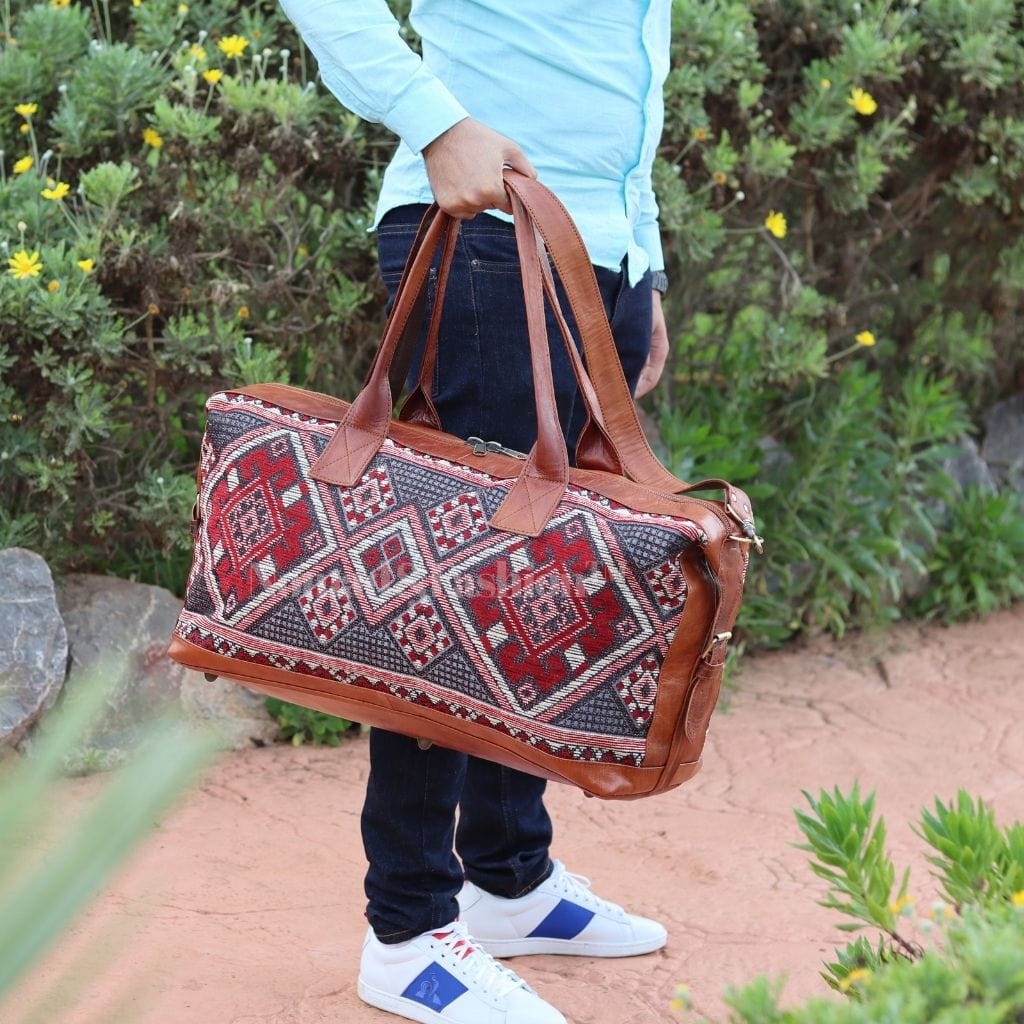 Travel Duffle Bag Carry On Tote Weekender Overnight Bag with Leather Shoulder Strap and unique Kilim design