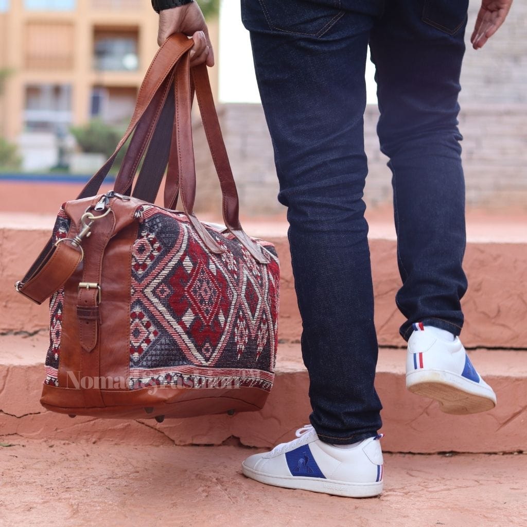 Travel Duffle Bag Carry On Tote Weekender Overnight Bag with Leather Shoulder Strap and unique Kilim design