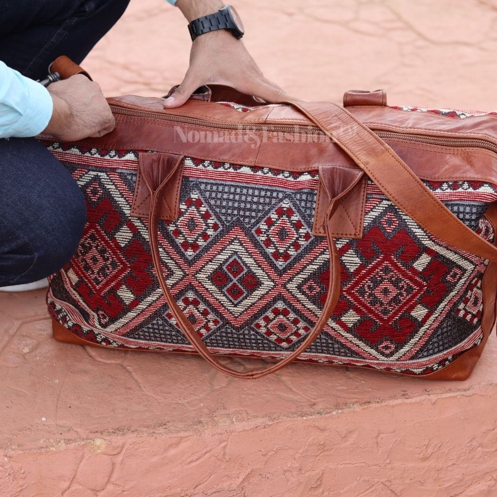 Travel Duffle Bag Carry On Tote Weekender Overnight Bag with Leather Shoulder Strap and unique Kilim design