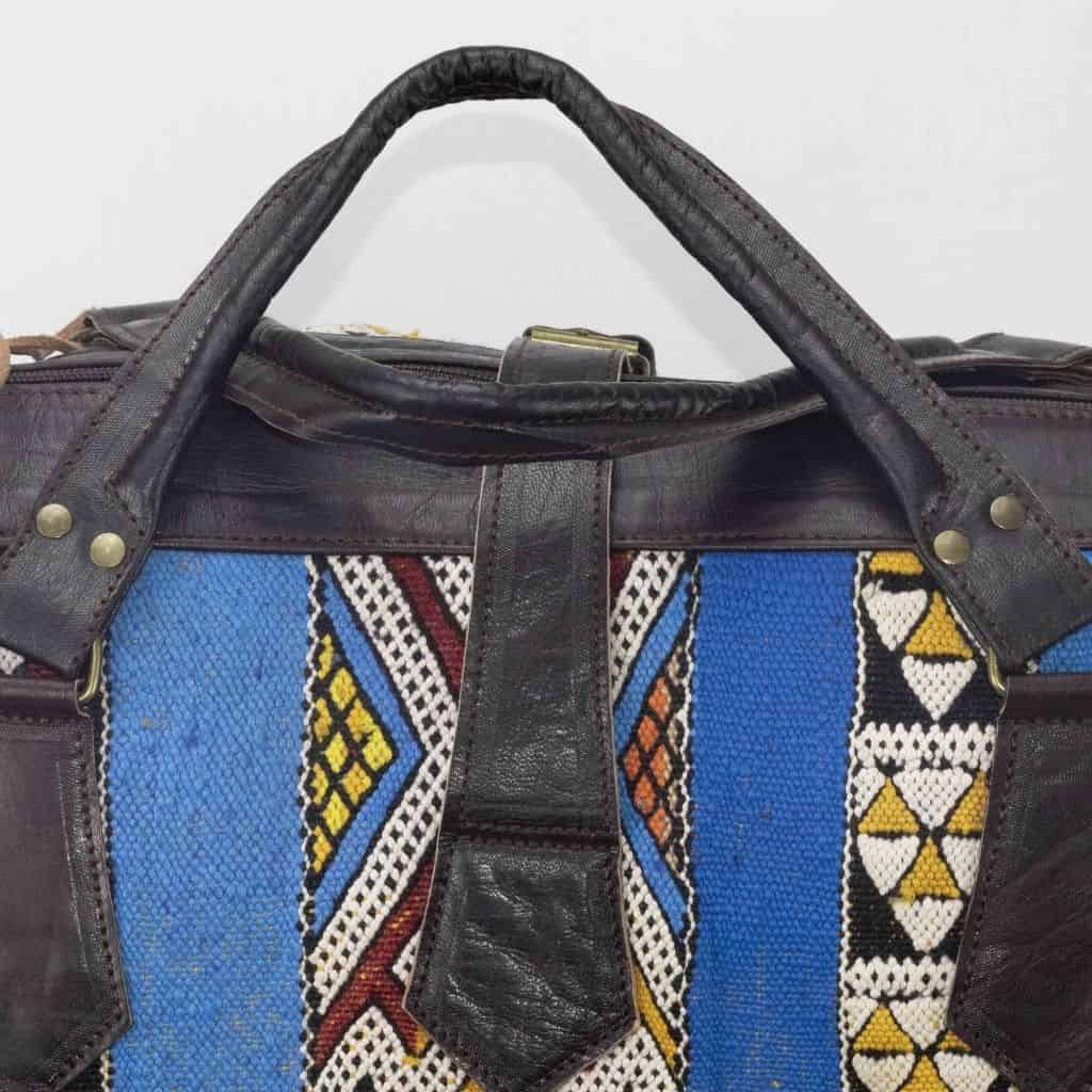 Moroccan Leather with Blue kilim travel Shoulder Duffle Bag Handbag Tribal Bohemian