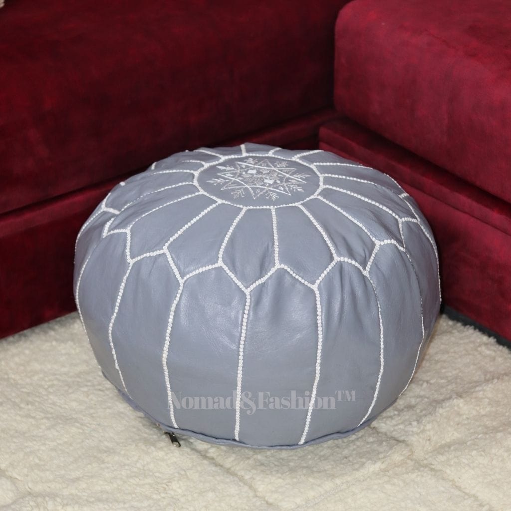 Handmade Leather Moroccan Pouf Ottoman Round Color Gray Stitched Colored