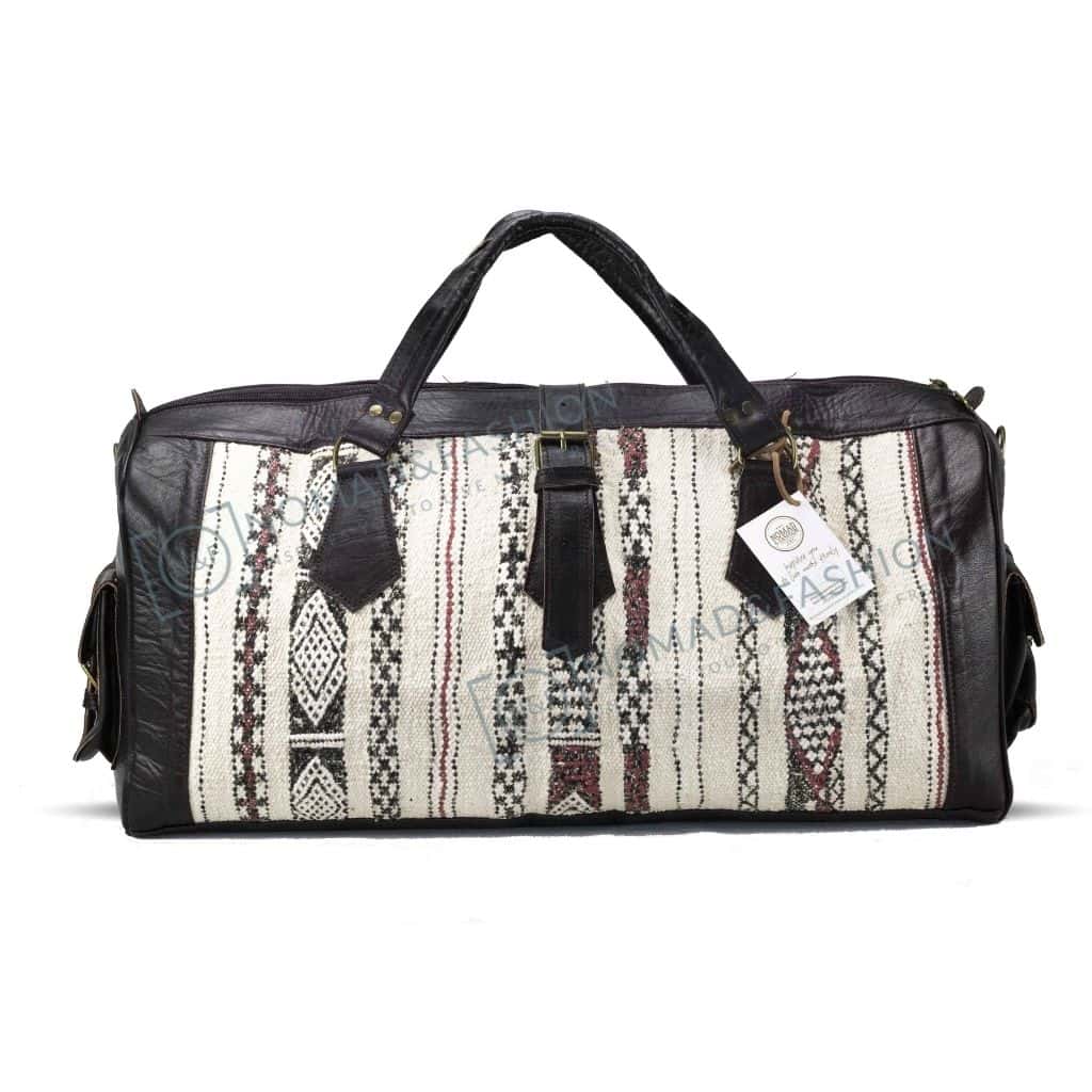 Moroccan Leather with Black &amp; White kilim travel Shoulder Duffle Bag Handbag Tribal Bohemian