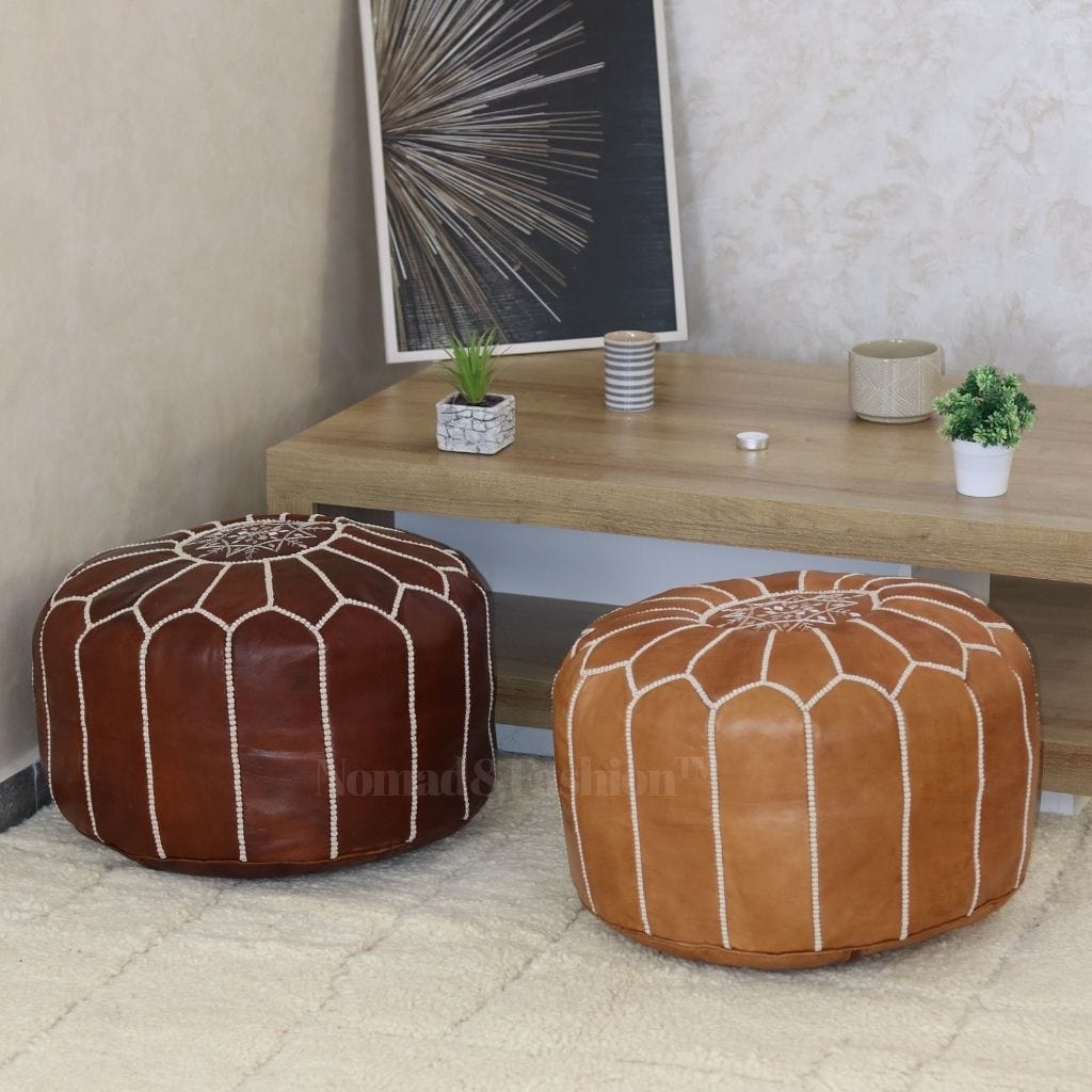 Moroccan pouf leather unstuffed brown &amp; dark brown