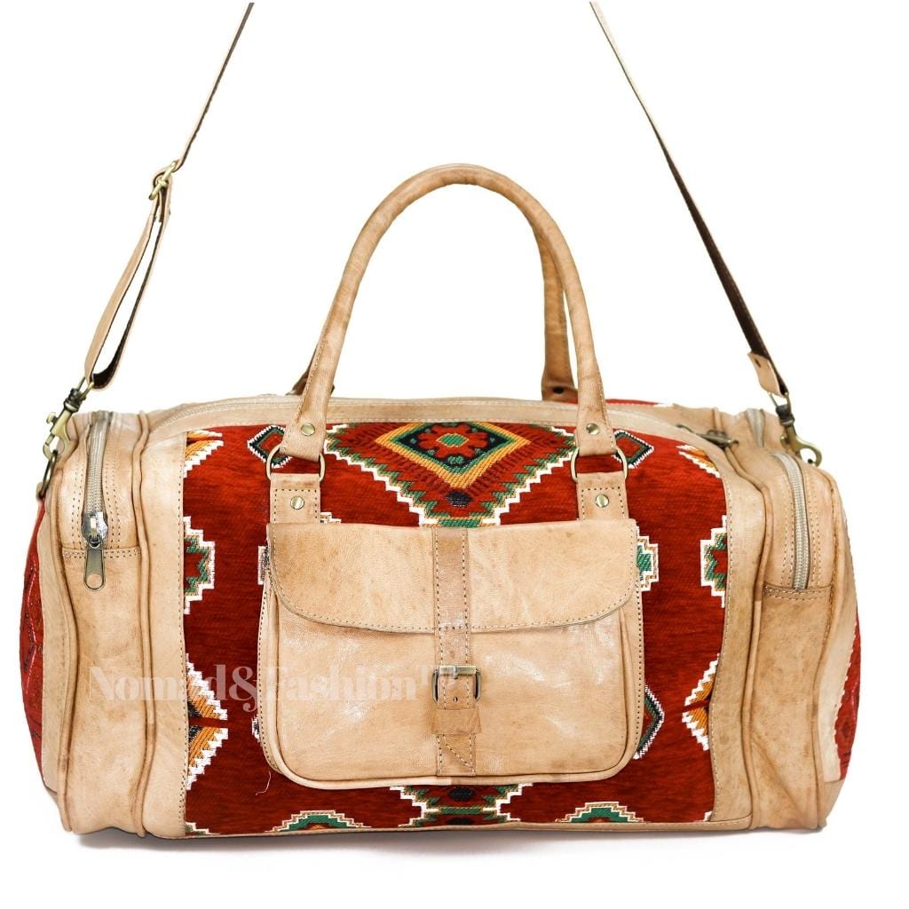 Genuine kilim Leather Duffle Red Kilim Bag Round Carry On Travel Weekender Overnight Bag Natural