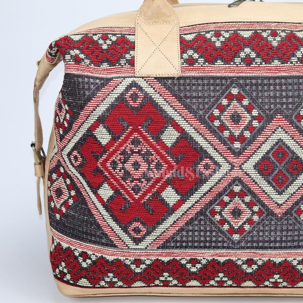 travel bag Leather with Red kilim Shoulder Duffle Bag weekender Natural