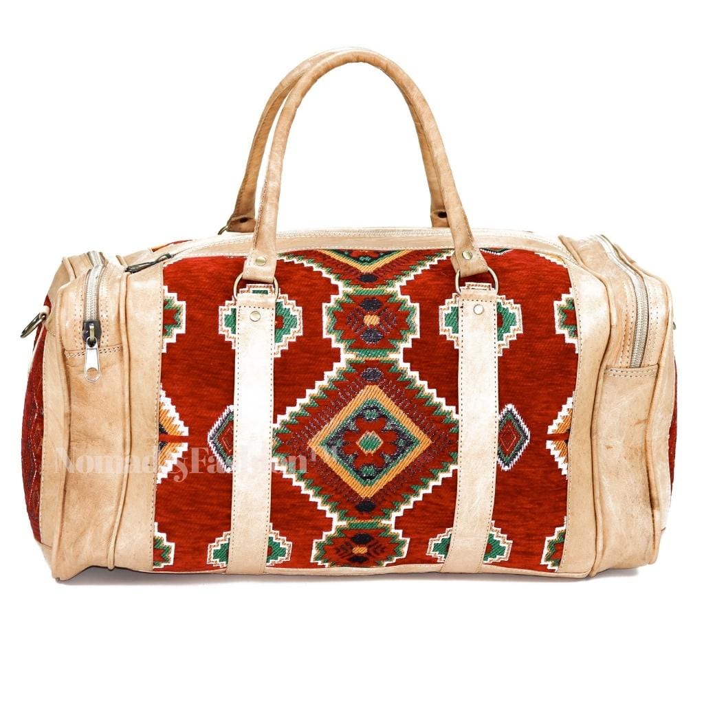 Genuine kilim Leather Duffle Red Kilim Bag Round Carry On Travel Weekender Overnight Bag Natural