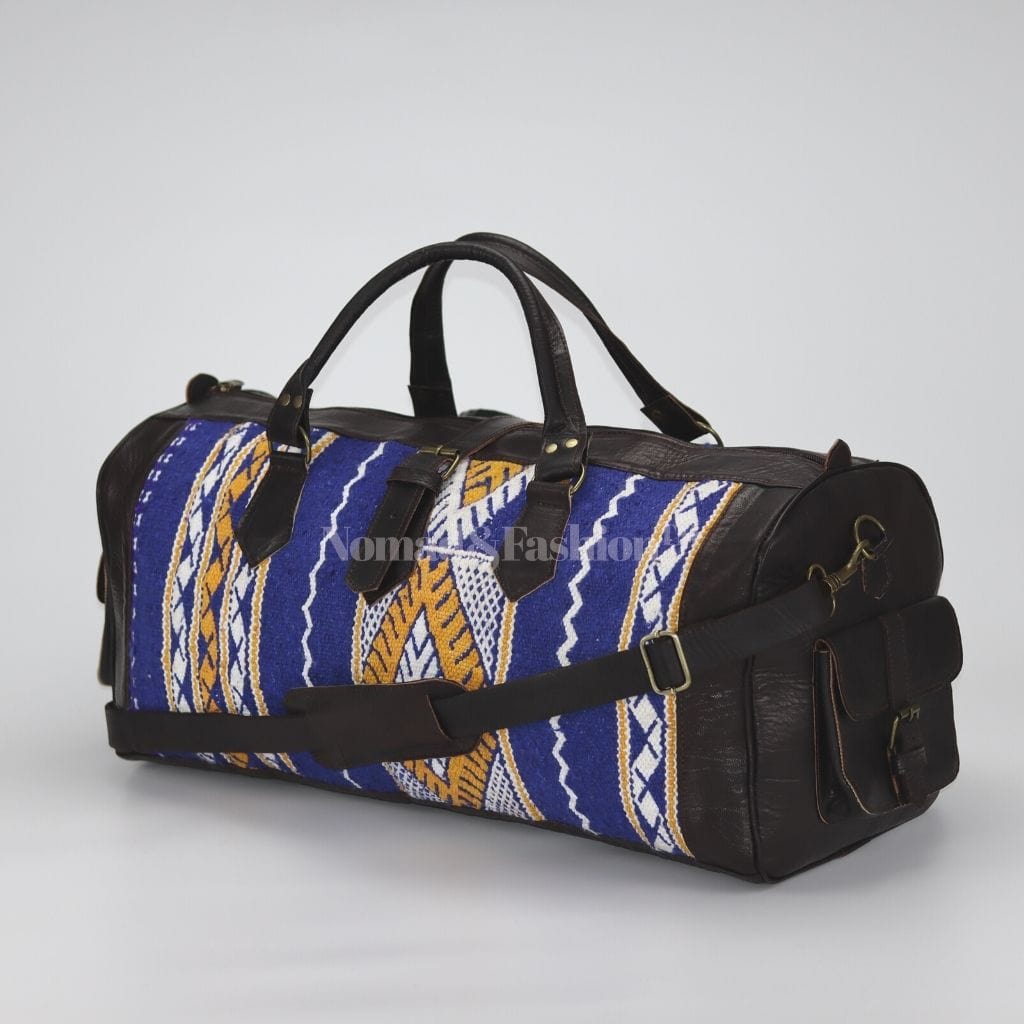 Moroccan Leather with Blue kilim travel Shoulder Duffle Bag Handbag Tribal Bohemian