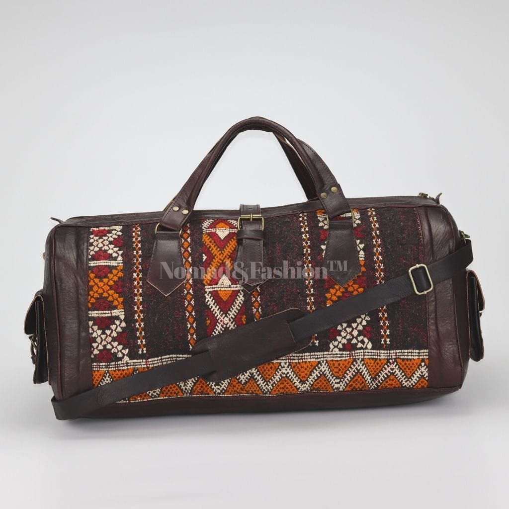 Moroccan Leather with Black &amp; Yellow kilim travel Shoulder Duffle Bag Handbag Tribal Bohemian