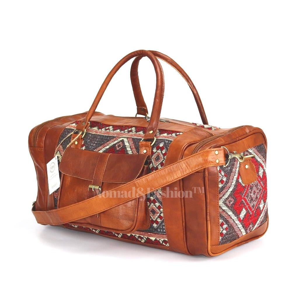 Genuine kilim Leather Duffle Kilim Bag Round Carry On Travel Weekender Overnight Bag