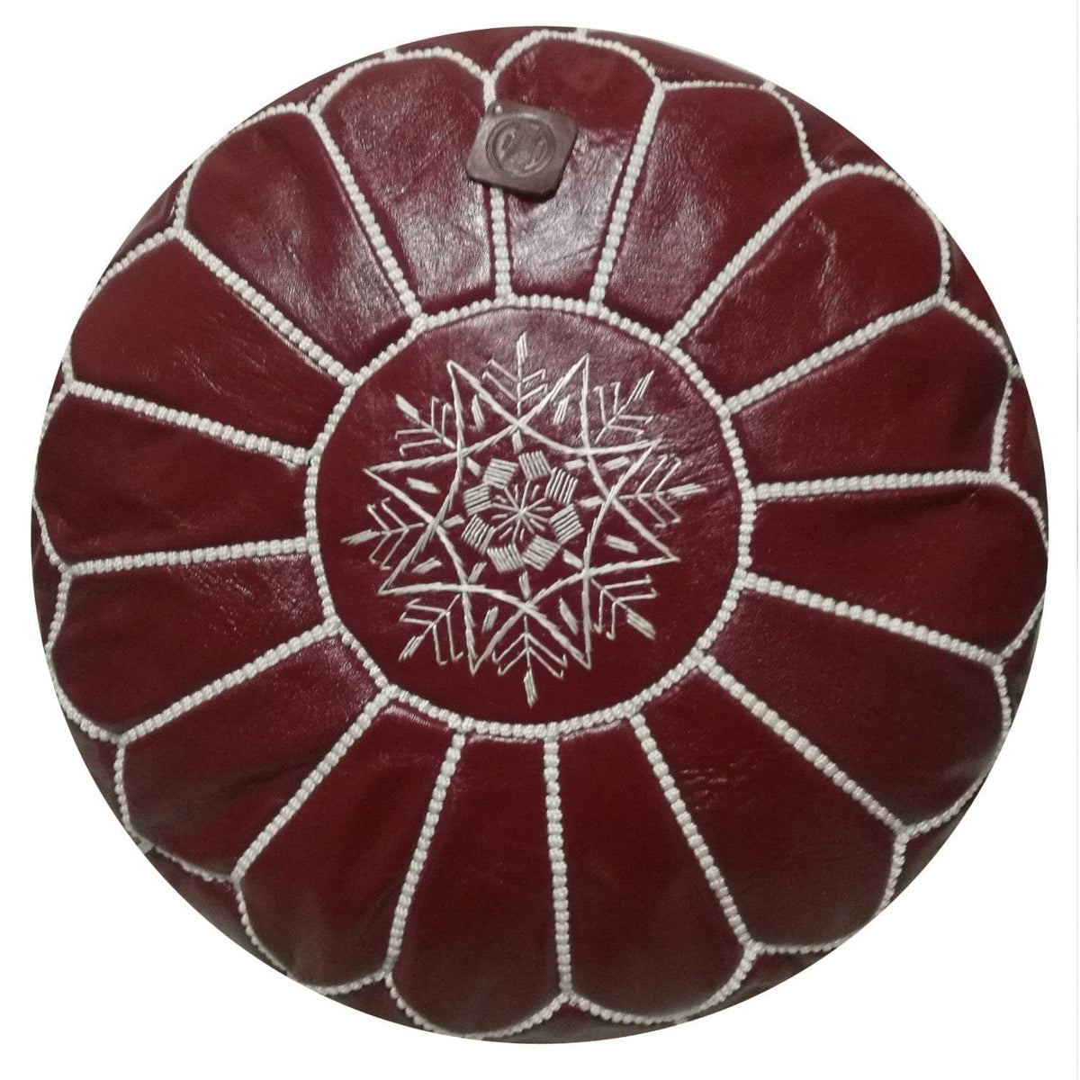 Handmade Leather Moroccan Pouf Ottoman Round Color Gray Stitched Colored