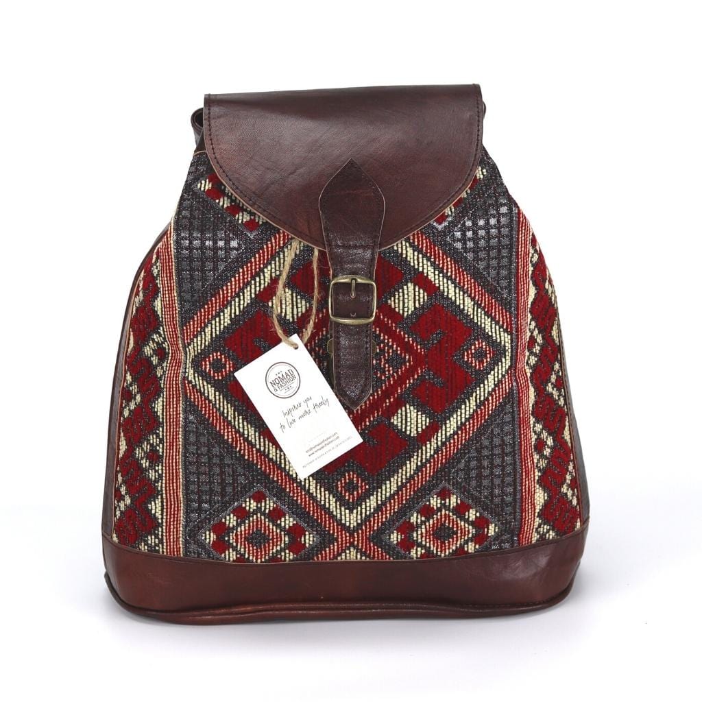 Handmade Backpack Rustic Boho style leather with kilim