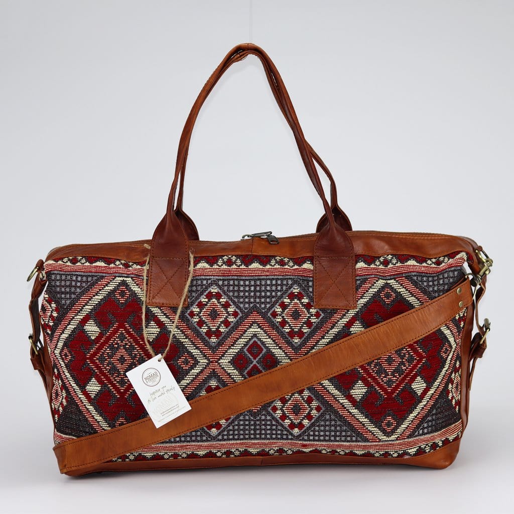 Travel Duffle Bag Carry On Tote Weekender Overnight Bag with Leather Shoulder Strap and unique Kilim design