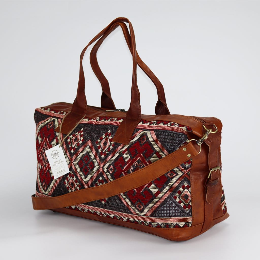 Travel Duffle Bag Carry On Tote Weekender Overnight Bag with Leather Shoulder Strap and unique Kilim design